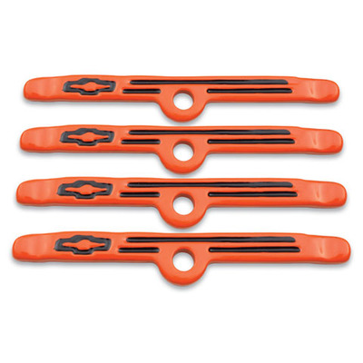 CLOSEOUT -Valve Cover Hold Down Tabs Bowtie Logo Steel Orange Paint Small Block Chevy / V6 Set of 4 PFM141-782